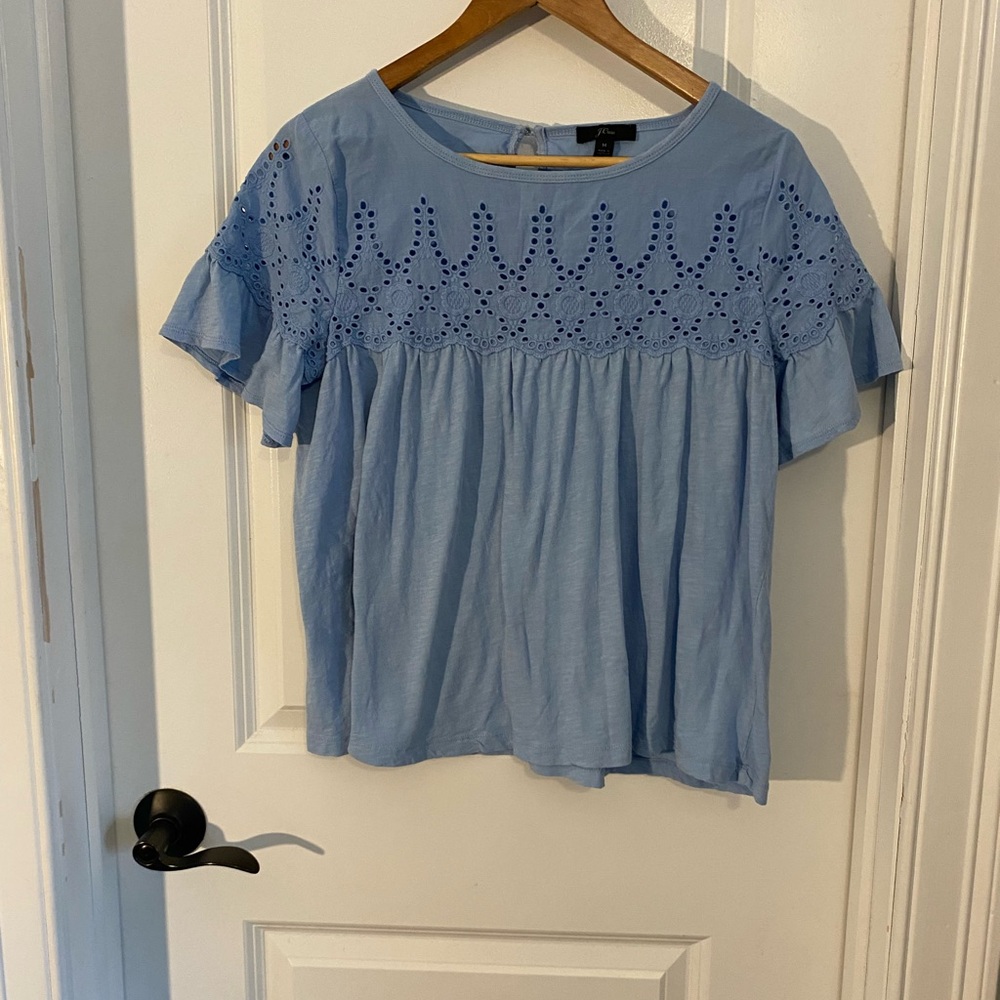 J. Crew Light Blue Eyelet Flutter Sleeve Cotton Blouse
